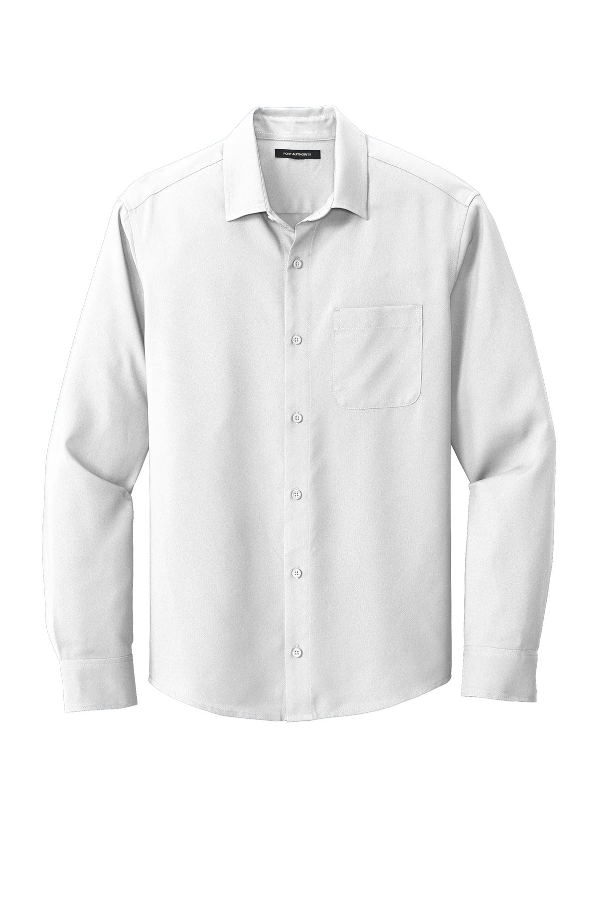 Front View of White Port Authority Long Sleeve Performance Staff Shirt W401