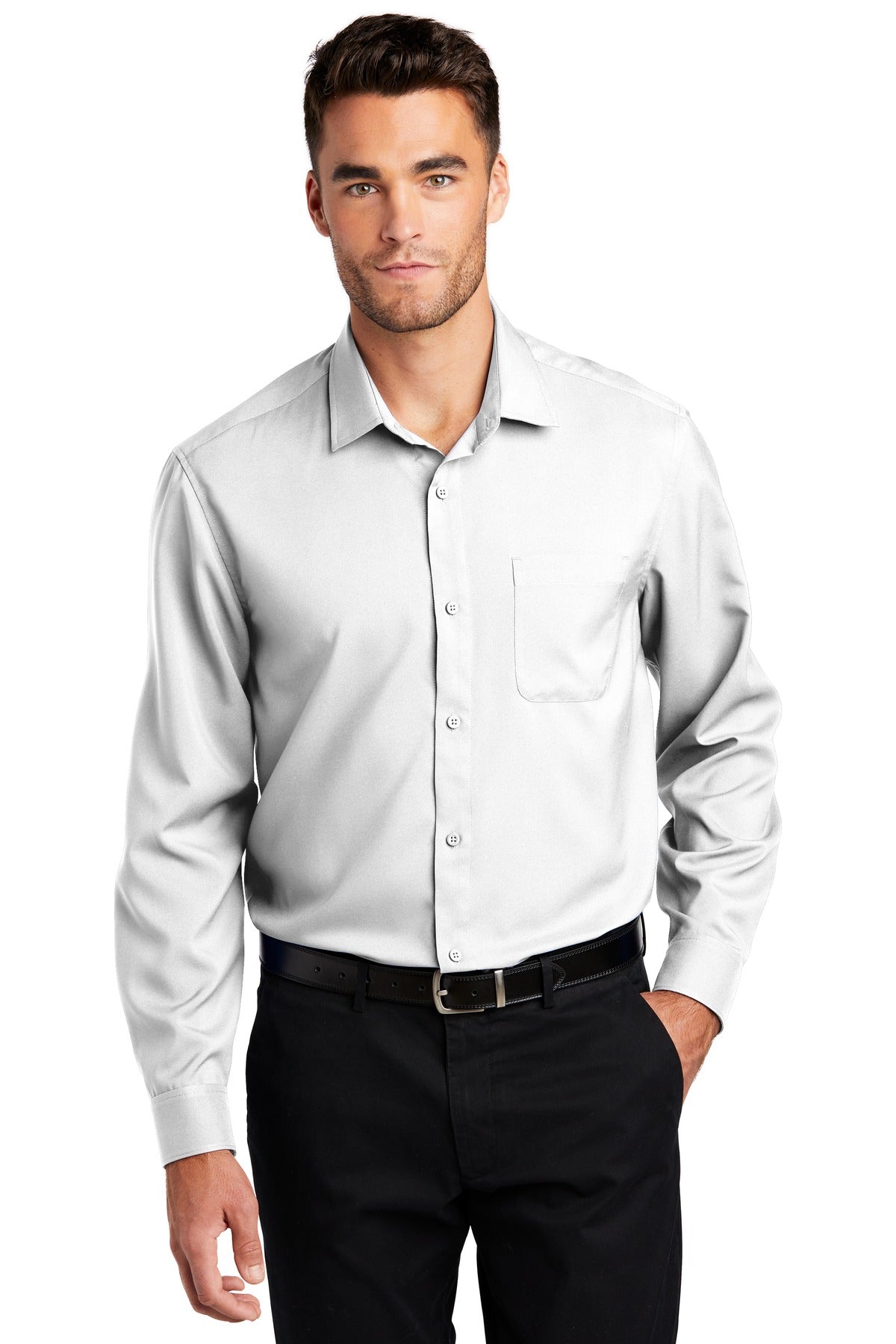 Front View of White Port Authority Long Sleeve Performance Staff Shirt W401