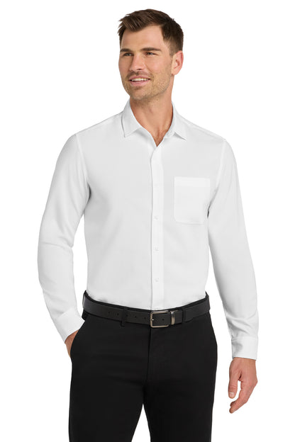 Front View of White Port Authority Long Sleeve Performance Staff Shirt W401