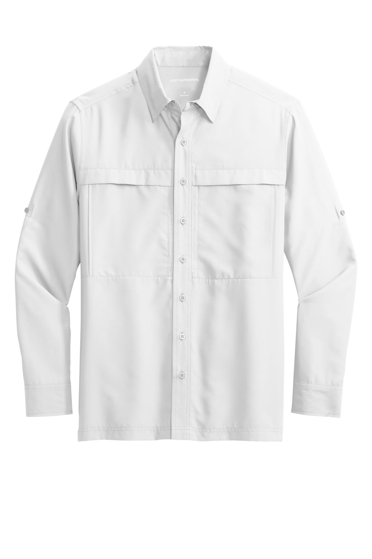 Front View of White Port Authority Long Sleeve UV Daybreak Shirt W960