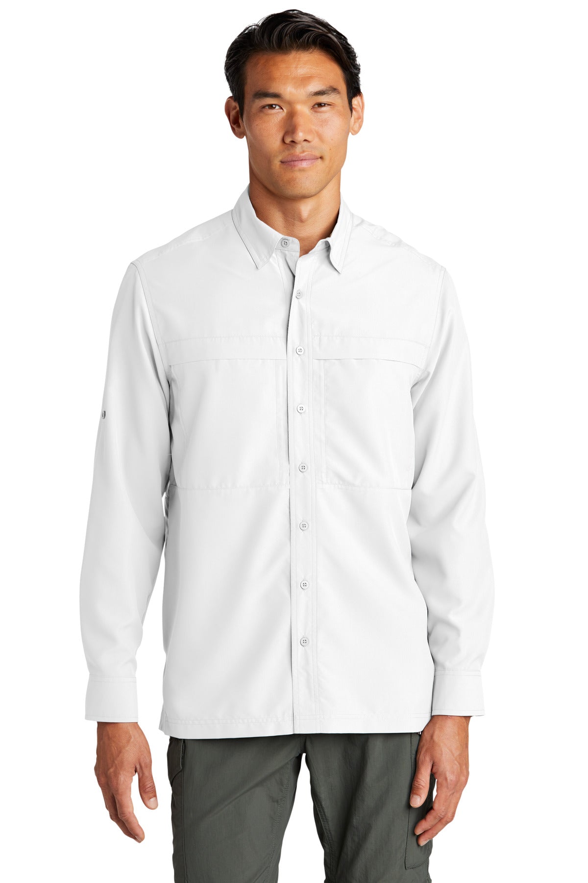 Front View of White Port Authority Long Sleeve UV Daybreak Shirt W960