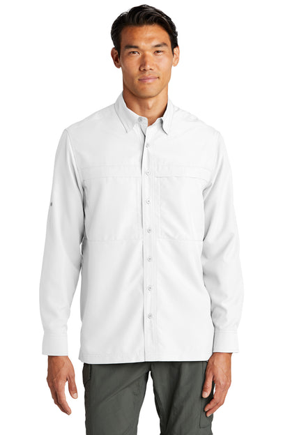 Front View of White Port Authority Long Sleeve UV Daybreak Shirt W960