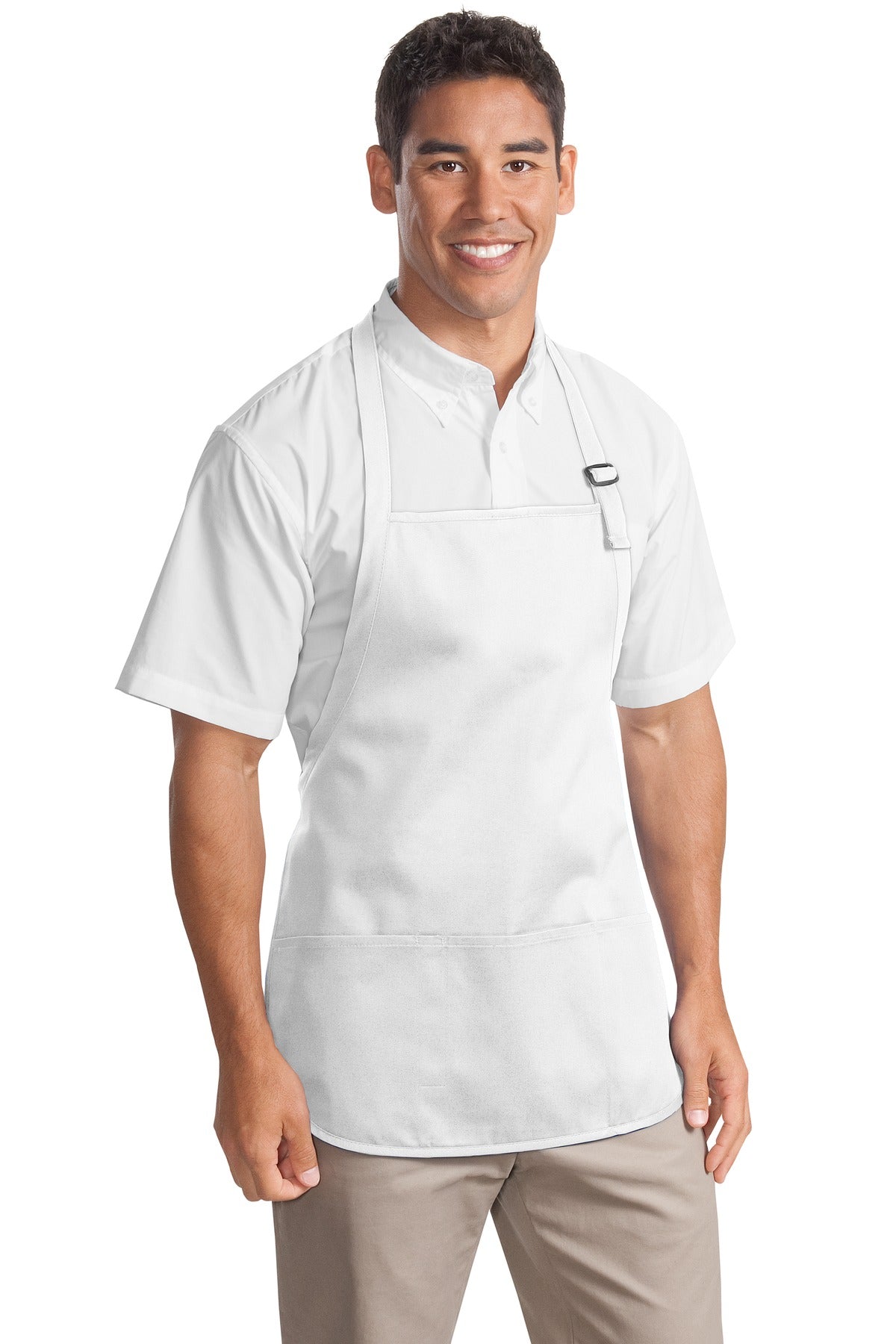 Front View of White Port Authority Medium-Length Apron with Pouch Pockets. A510