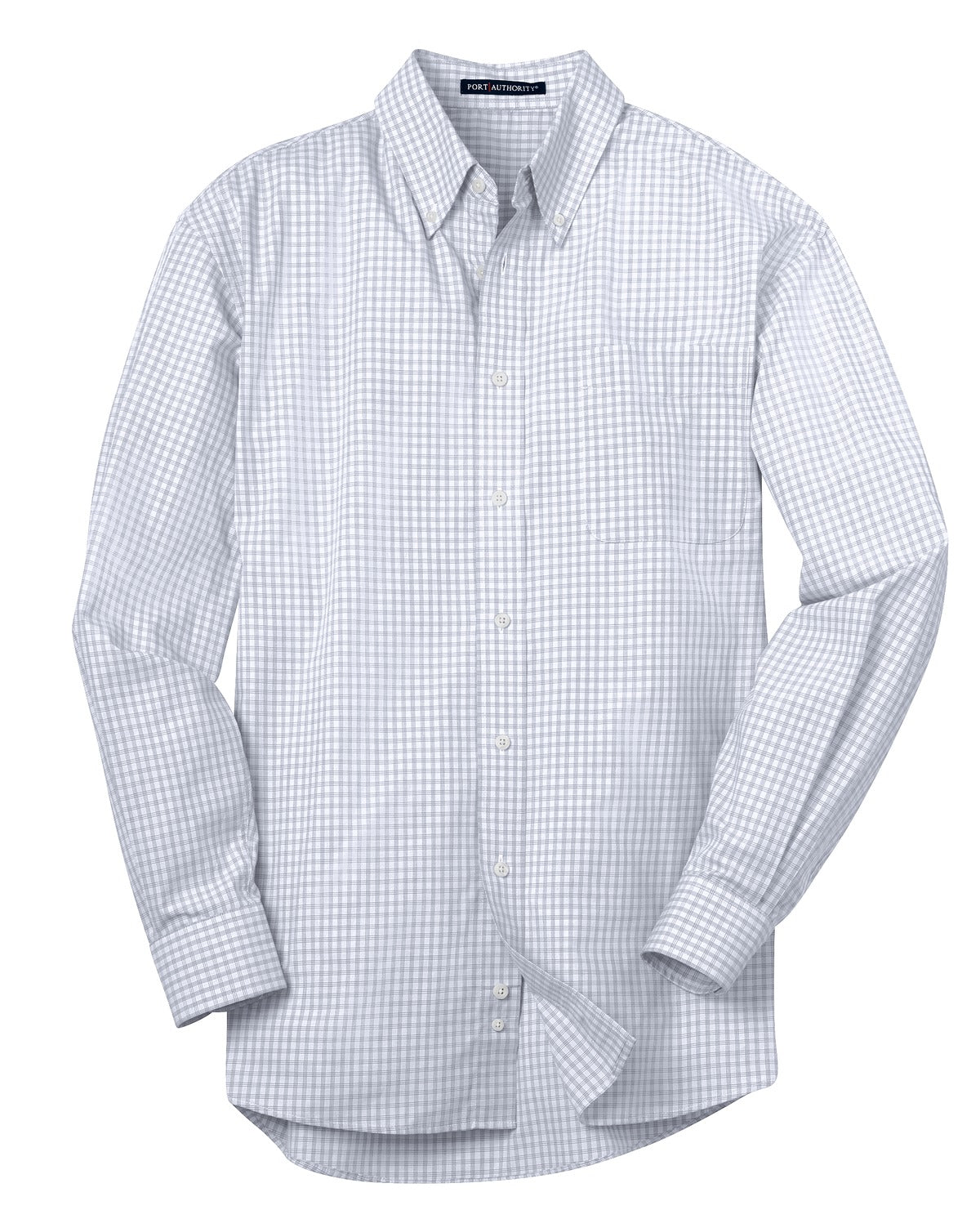 Front View of White Port Authority Plaid Pattern Easy Care Shirt. S639