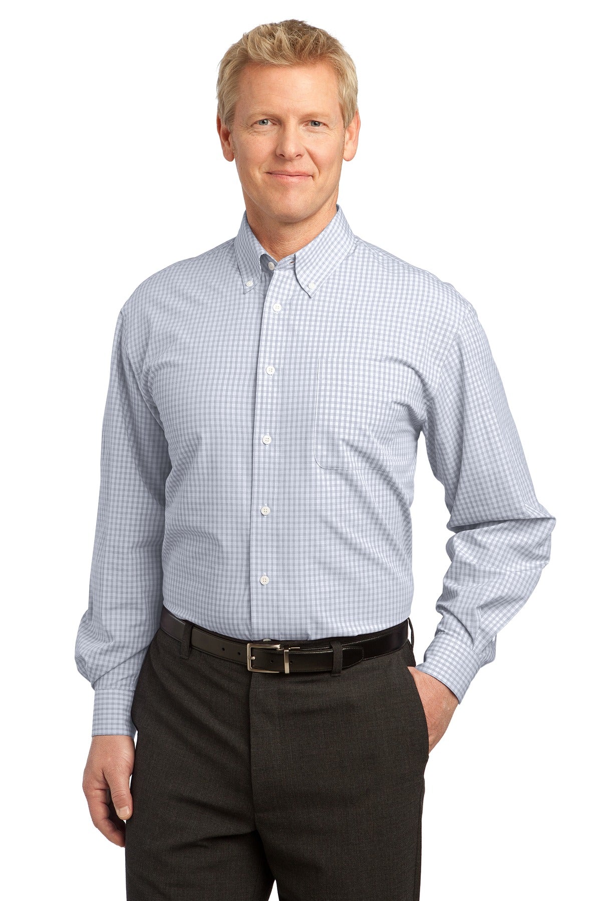 Front View of White Port Authority Plaid Pattern Easy Care Shirt. S639