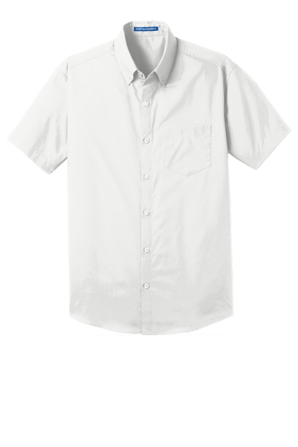 Front View of White Port Authority Short Sleeve Carefree Poplin Shirt. W101