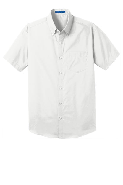 Front View of White Port Authority Short Sleeve Carefree Poplin Shirt. W101
