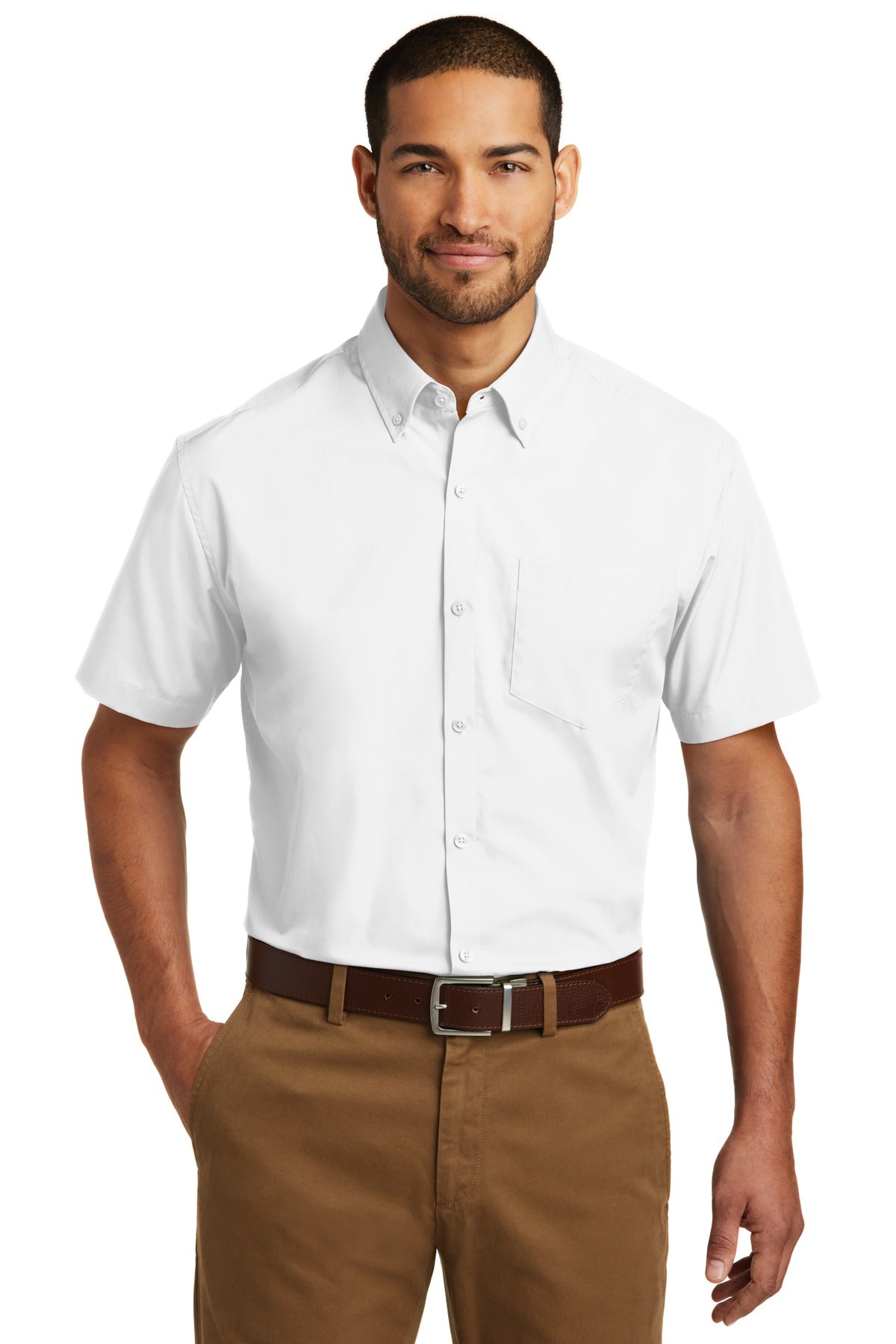 Front View of White Port Authority Short Sleeve Carefree Poplin Shirt. W101