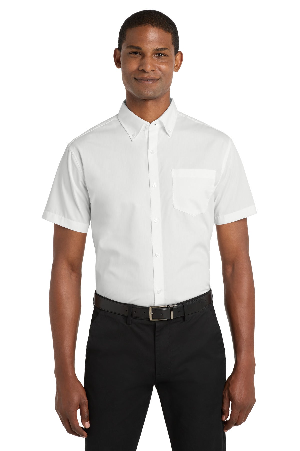 Front View of White Port Authority Short Sleeve Carefree Poplin Shirt. W101