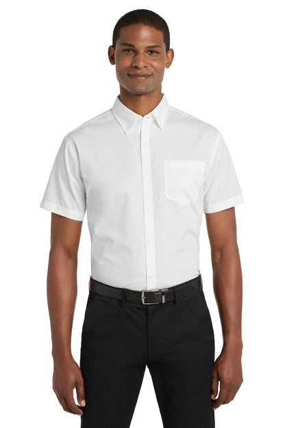 Front View of White Port Authority Short Sleeve Carefree Poplin Shirt. W101