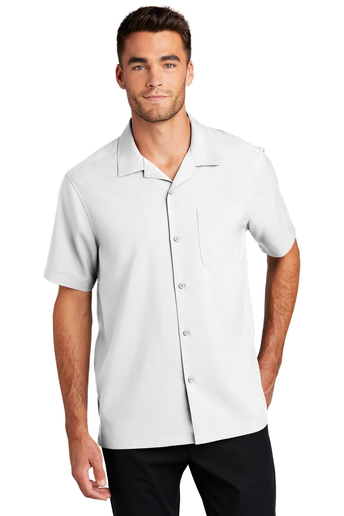 Front View of White Port Authority Short Sleeve Performance Staff Shirt W400