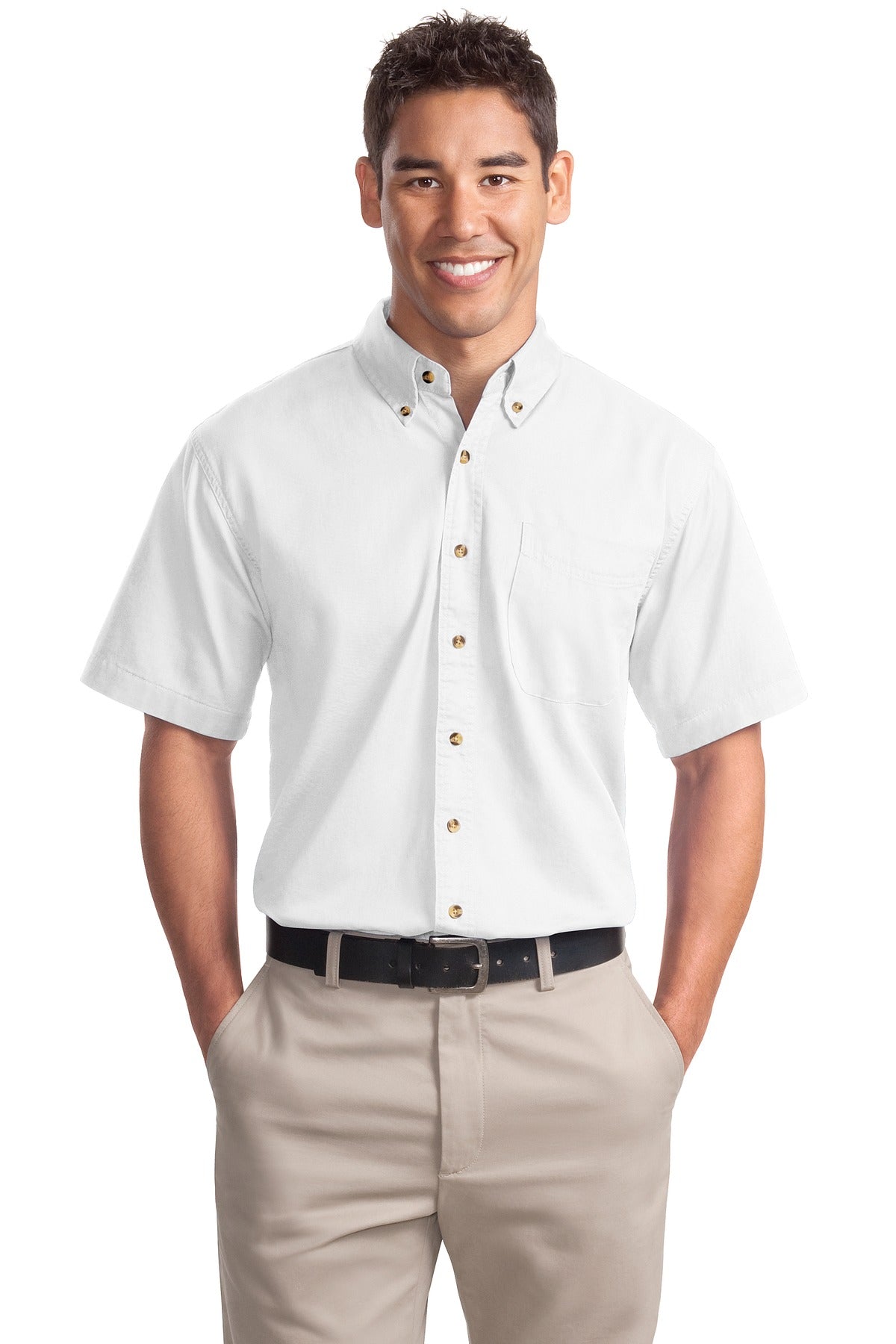 Front View of White Port Authority Short Sleeve Twill Shirt. S500T
