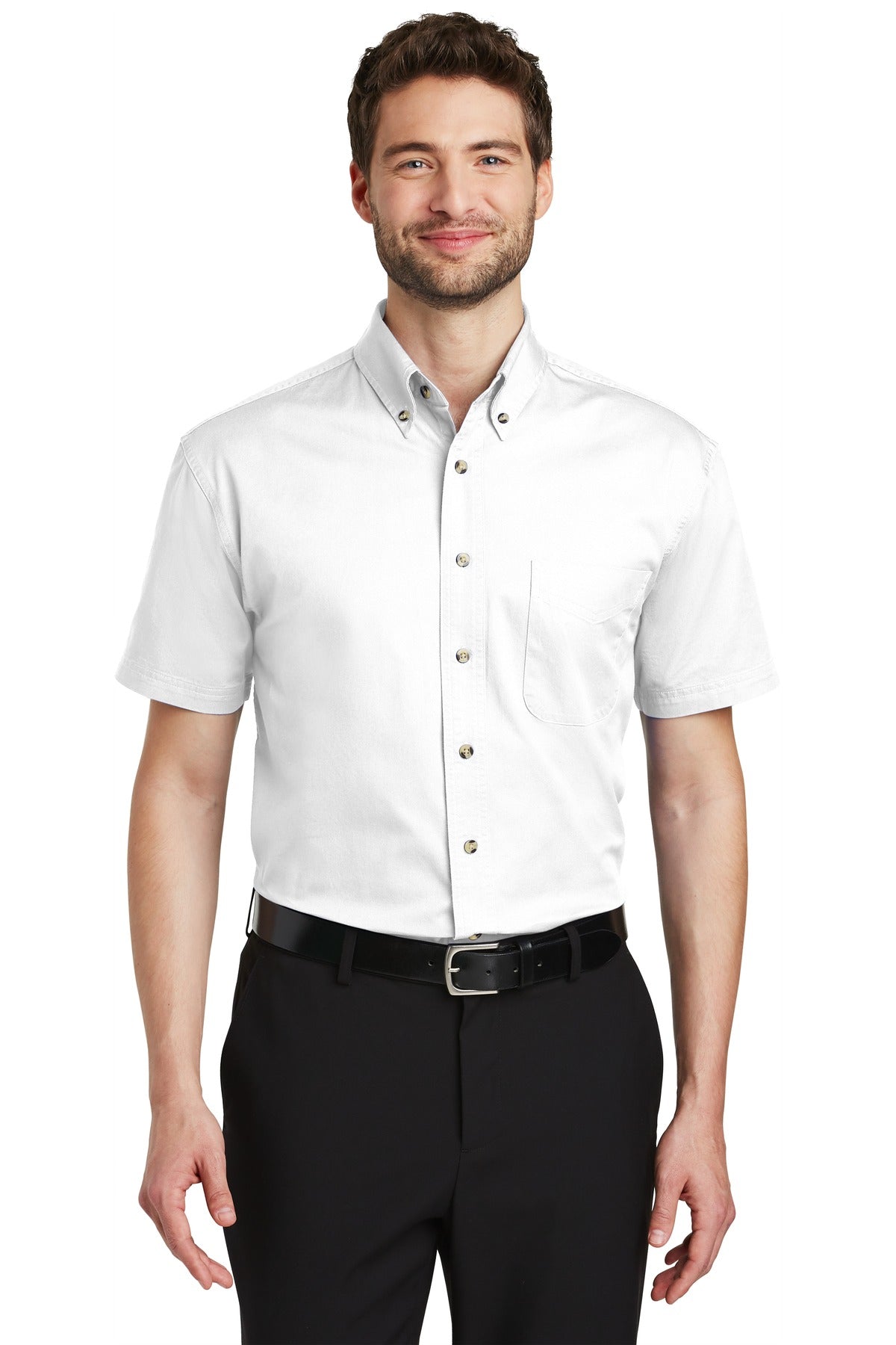 Front View of White Port Authority Short Sleeve Twill Shirt. S500T