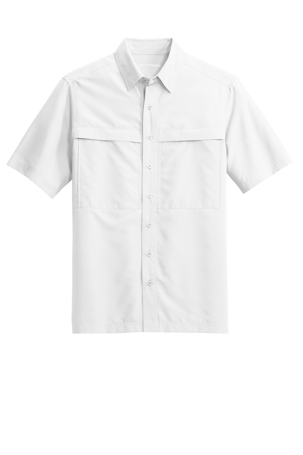 Front View of White Port Authority Short Sleeve UV Daybreak Shirt W961