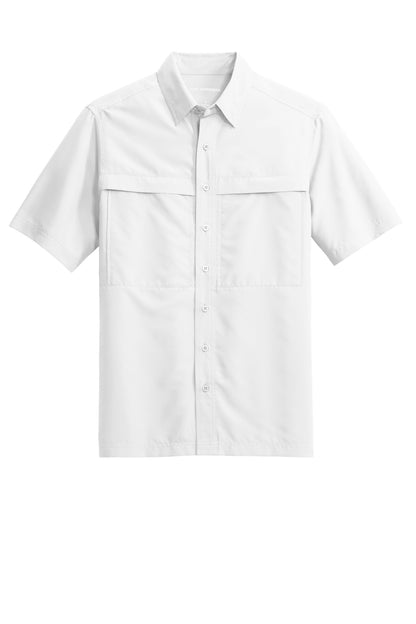 Front View of White Port Authority Short Sleeve UV Daybreak Shirt W961