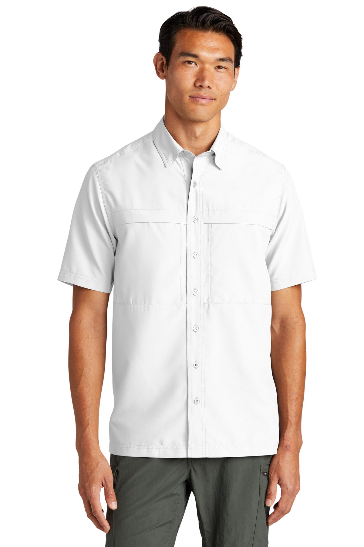 Front View of White Port Authority Short Sleeve UV Daybreak Shirt W961