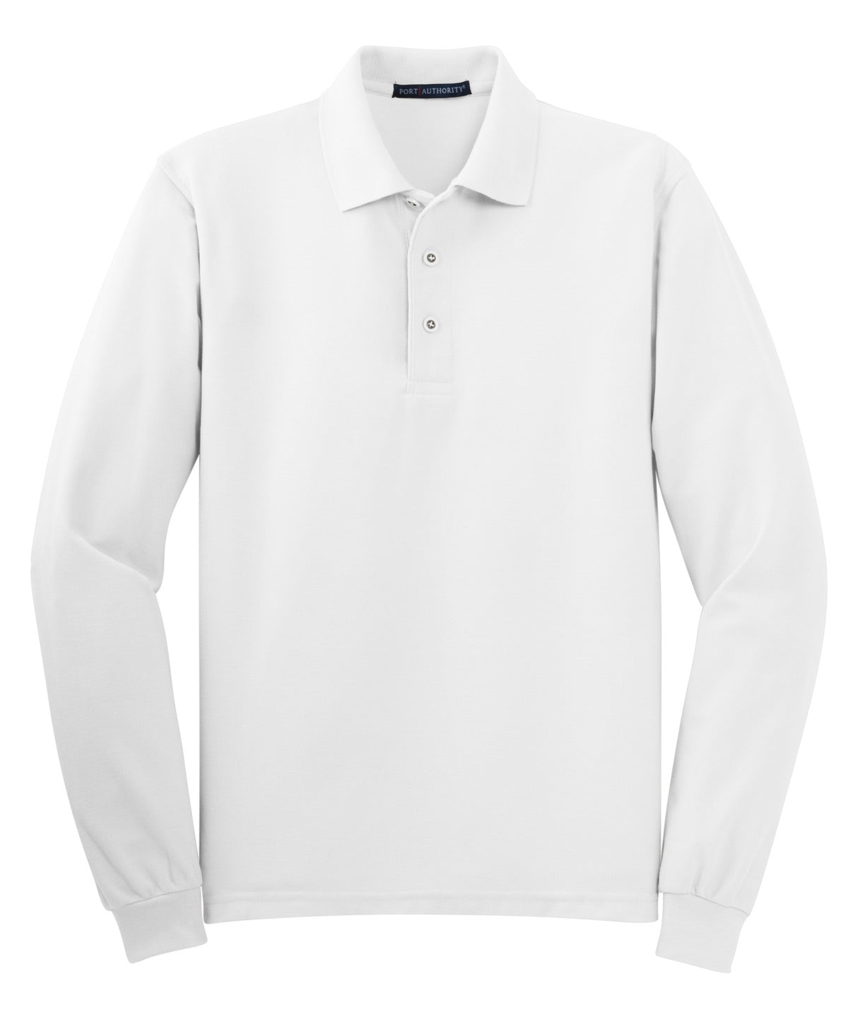 Front View of White Port Authority Silk Touch Long Sleeve Polo. K500LS