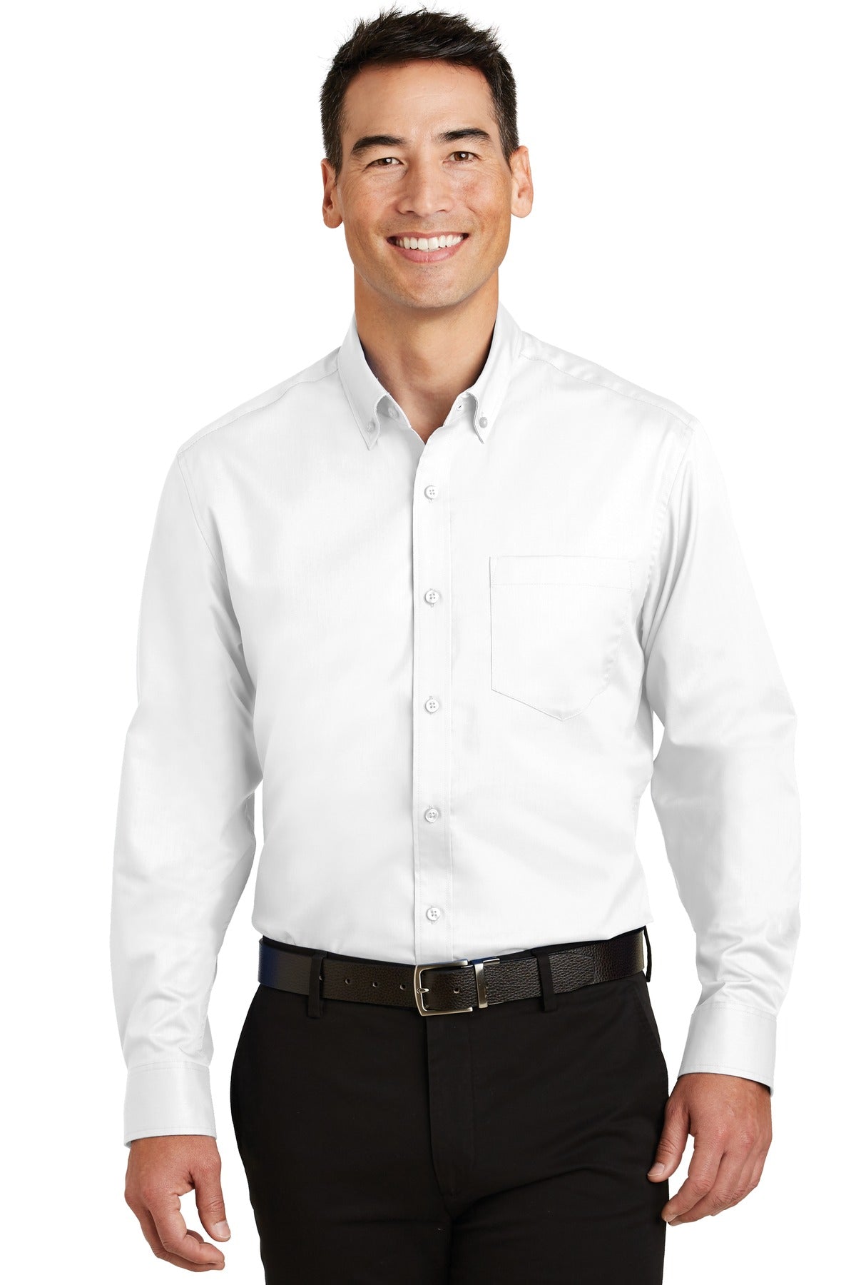 Front View of White Port Authority SuperPro Twill Shirt. S663