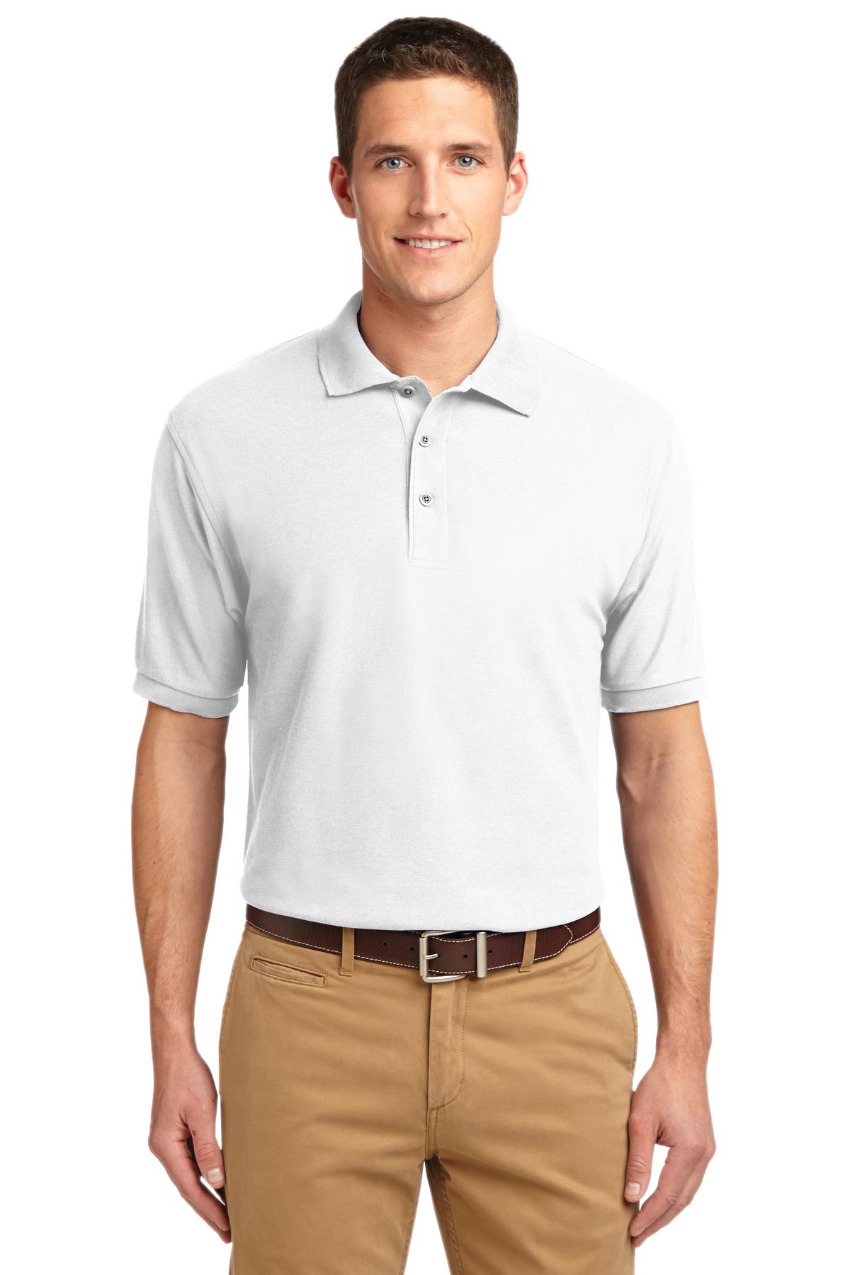 Front View of White Port Authority Tall Silk Touch Polo. TLK500