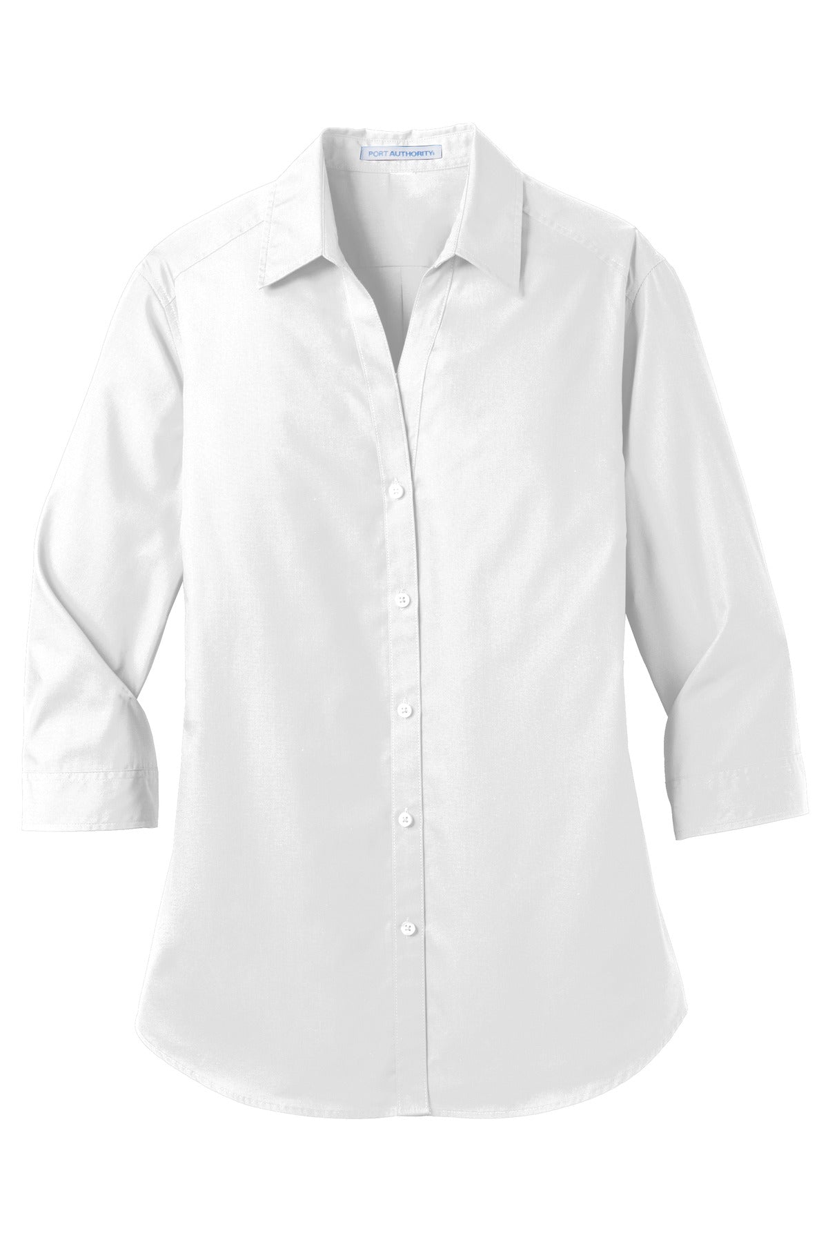 Front View of White Port Authority Women's 3/4-Sleeve Carefree Poplin Shirt. LW102