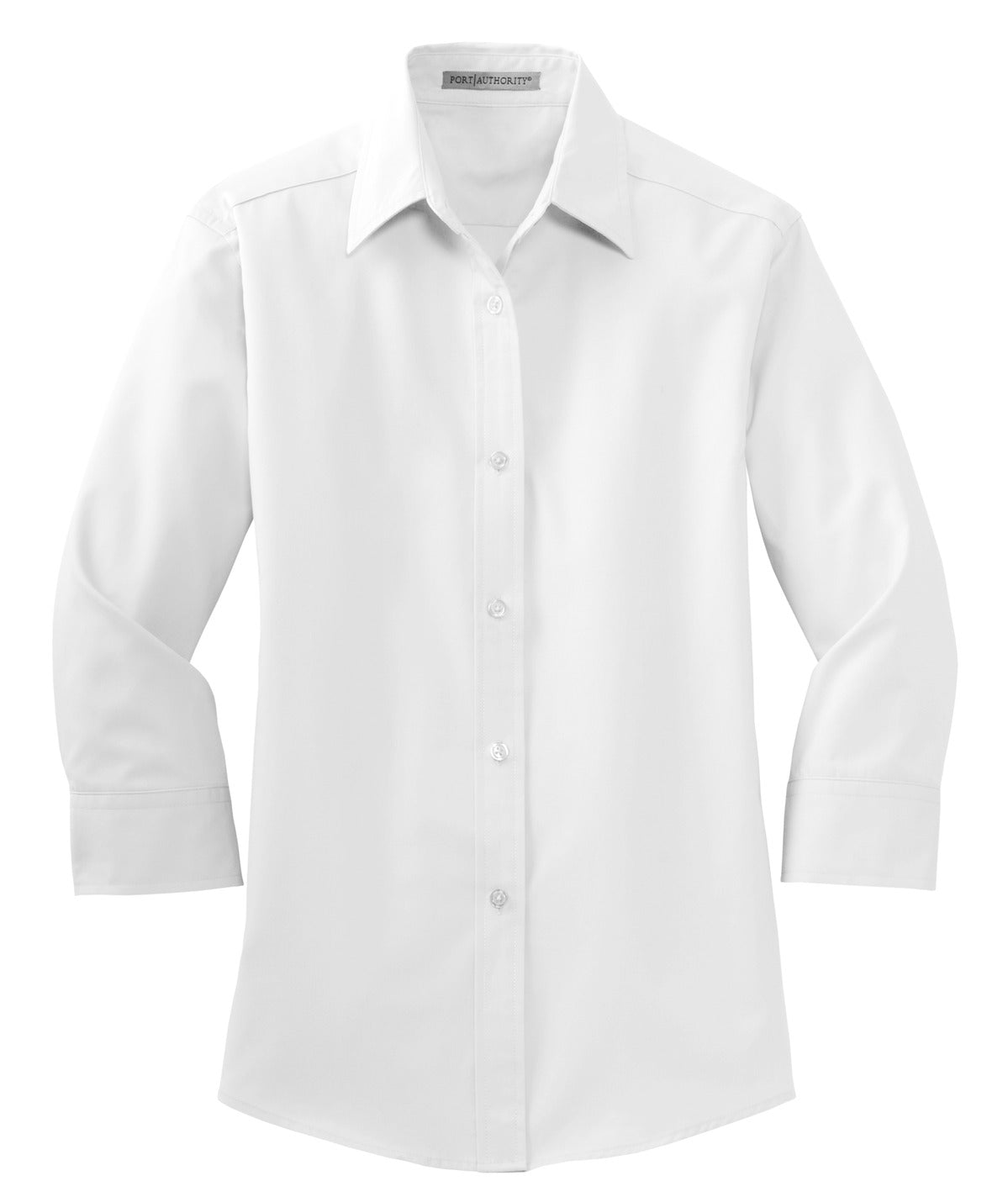 Front View of White Port Authority Women's 3/4-Sleeve Easy Care Shirt. L612