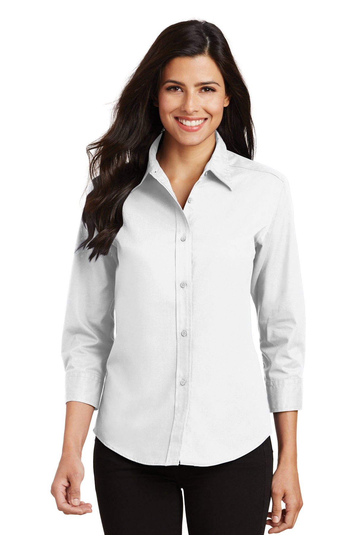 Front View of White Port Authority Women's 3/4-Sleeve Easy Care Shirt. L612
