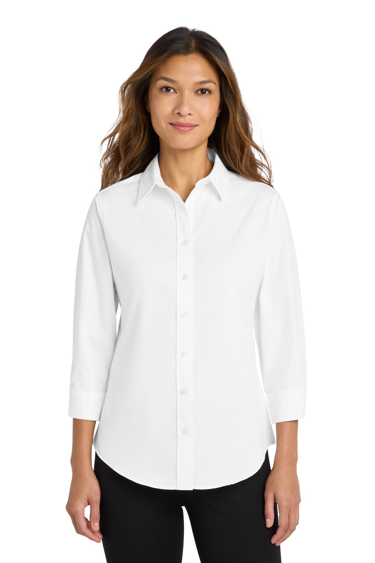 Front View of White Port Authority Women's 3/4-Sleeve Easy Care Shirt. L612