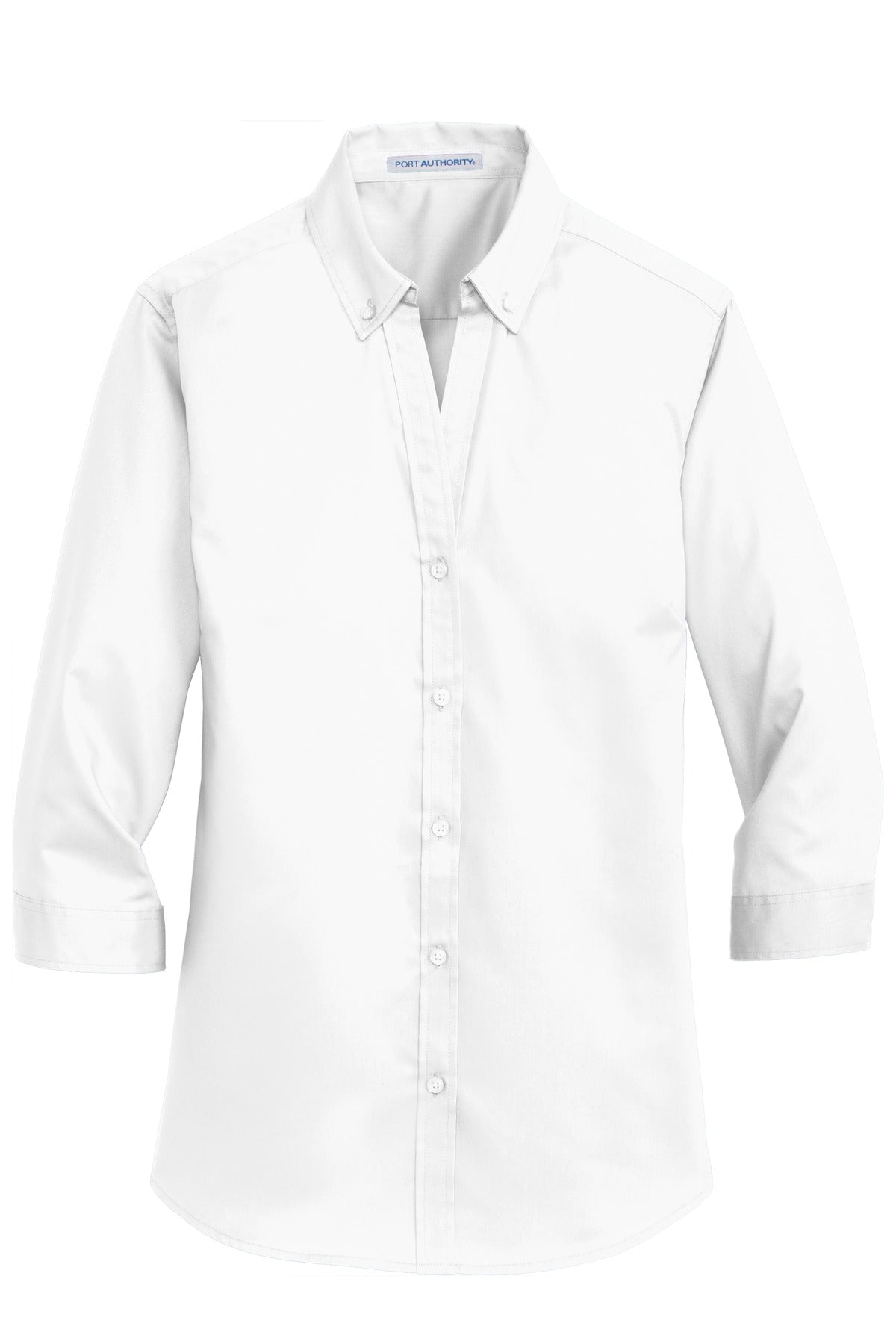 Front View of White Port Authority Women's 3/4-Sleeve SuperPro Twill Shirt. L665