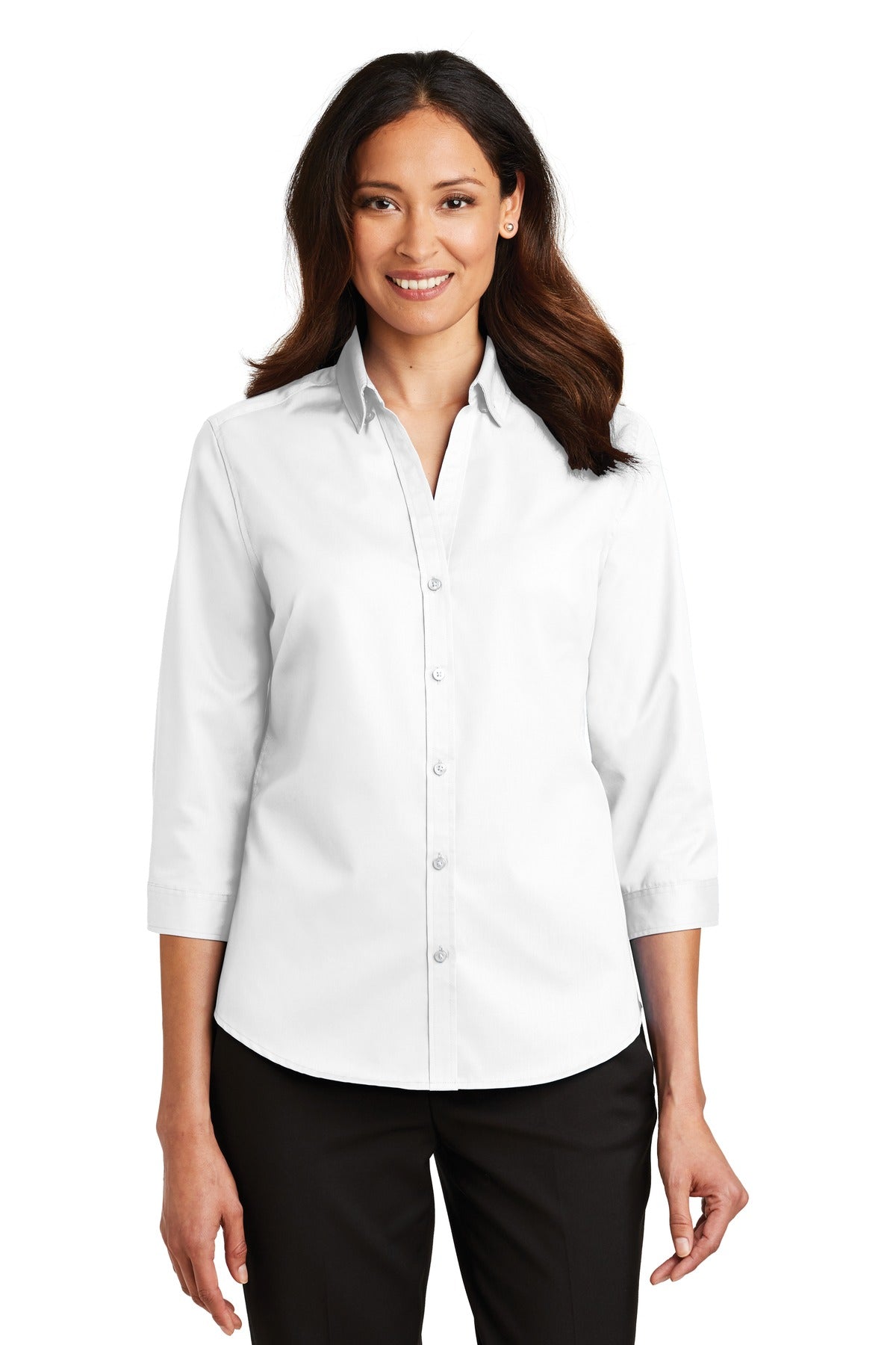 Front View of White Port Authority Women's 3/4-Sleeve SuperPro Twill Shirt. L665