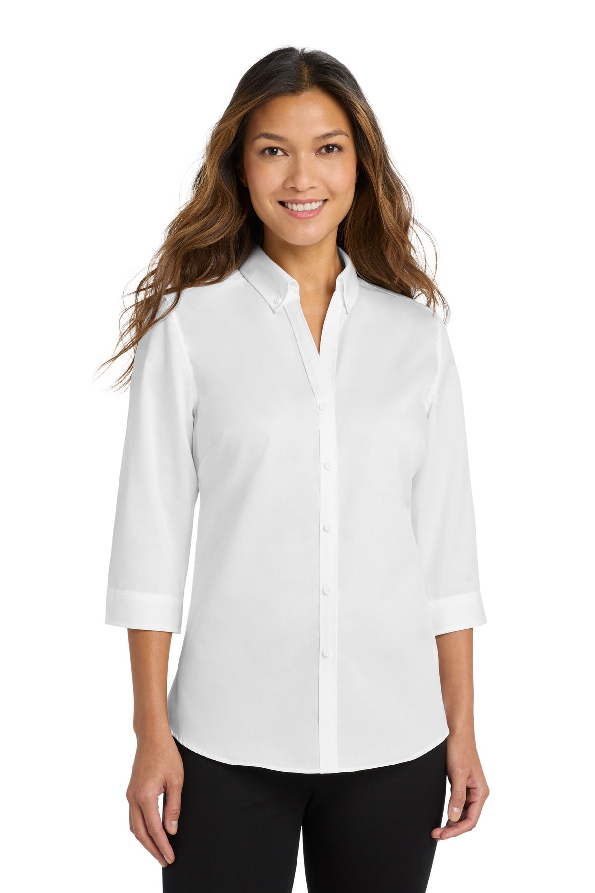 Front View of White Port Authority Women's 3/4-Sleeve SuperPro Twill Shirt. L665