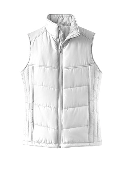 Front View of White Port Authority Women's Puffy Vest. L709