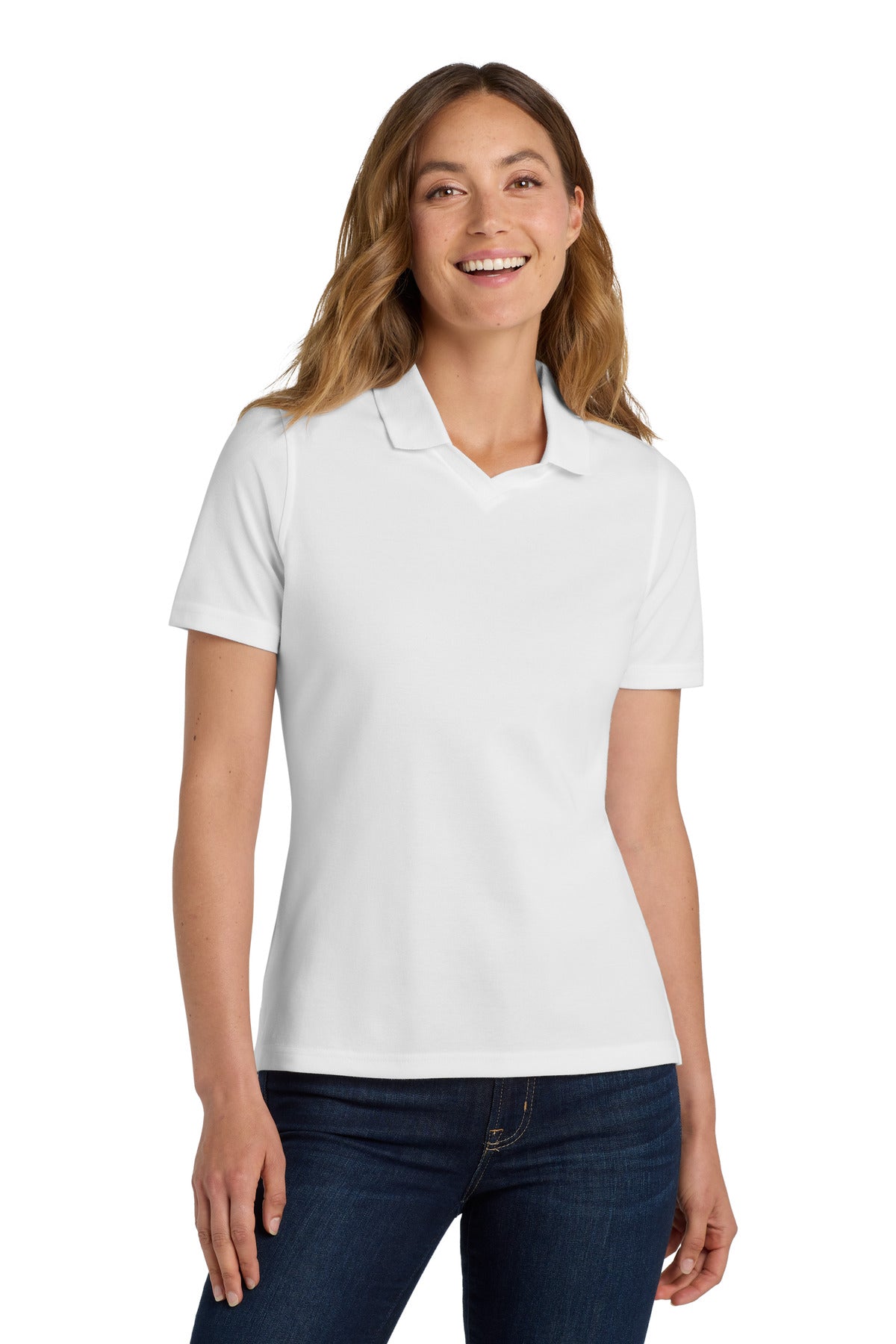 Front View of White Port Authority Women's Rapid Dry Polo. L455