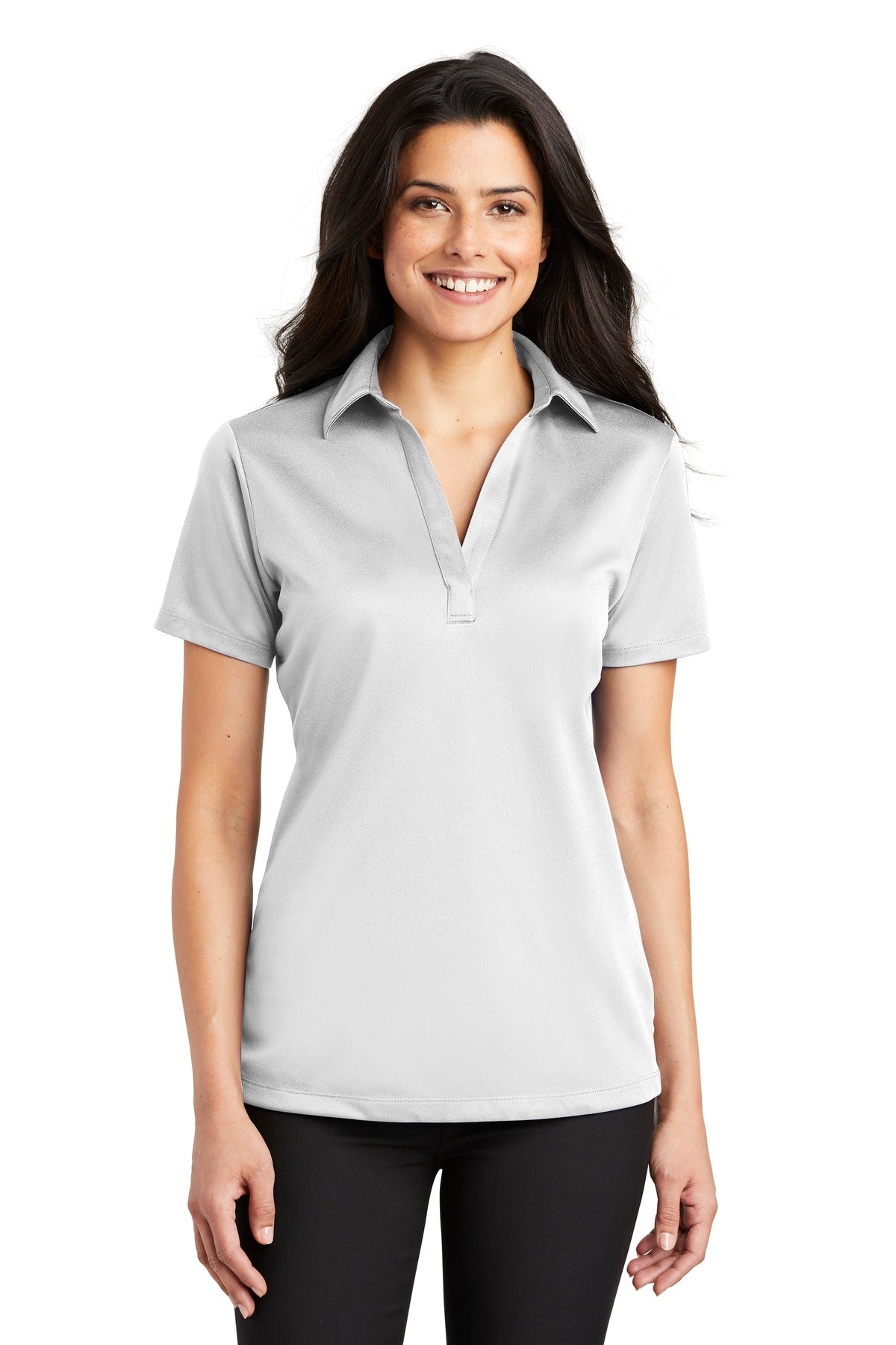 Front View of White Port Authority Women's Silk Touch Performance Polo. L540