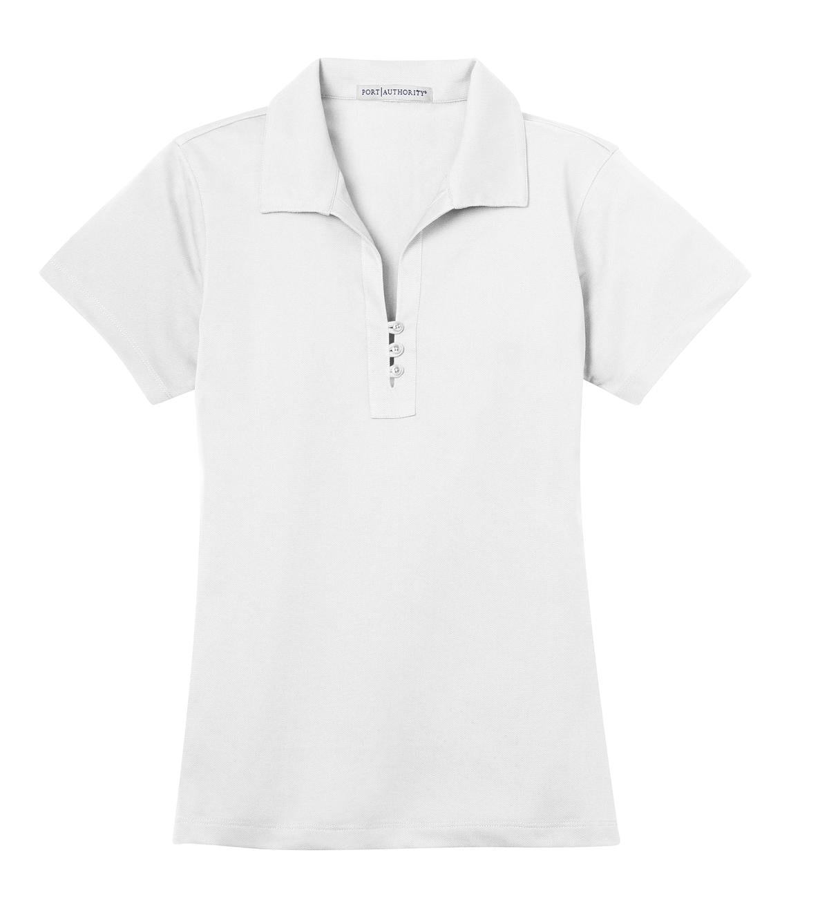 Front View of White Port Authority Women's Tech Pique Polo. L527