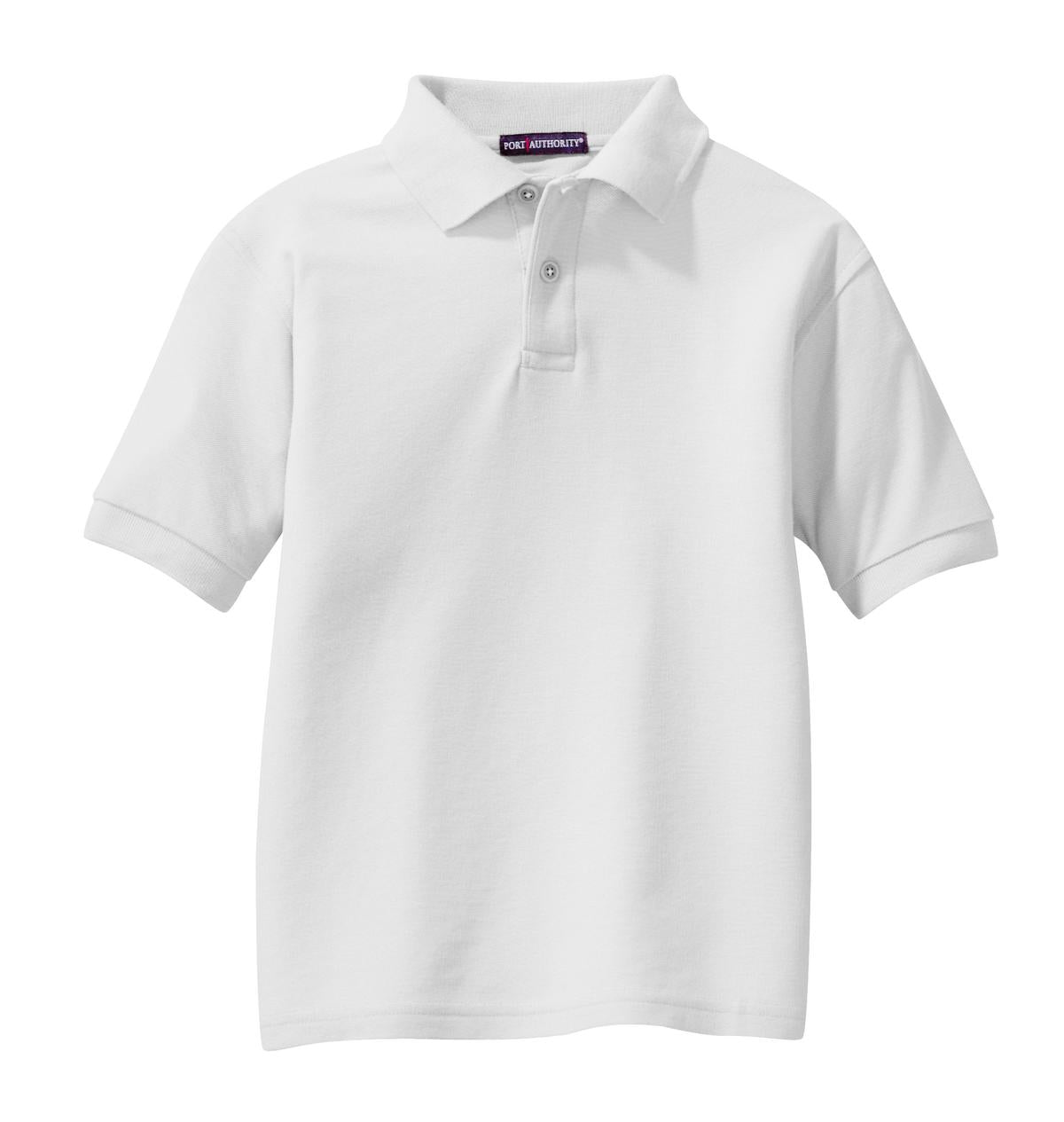 Front View of White Port Authority Youth Silk Touch Polo. Y500