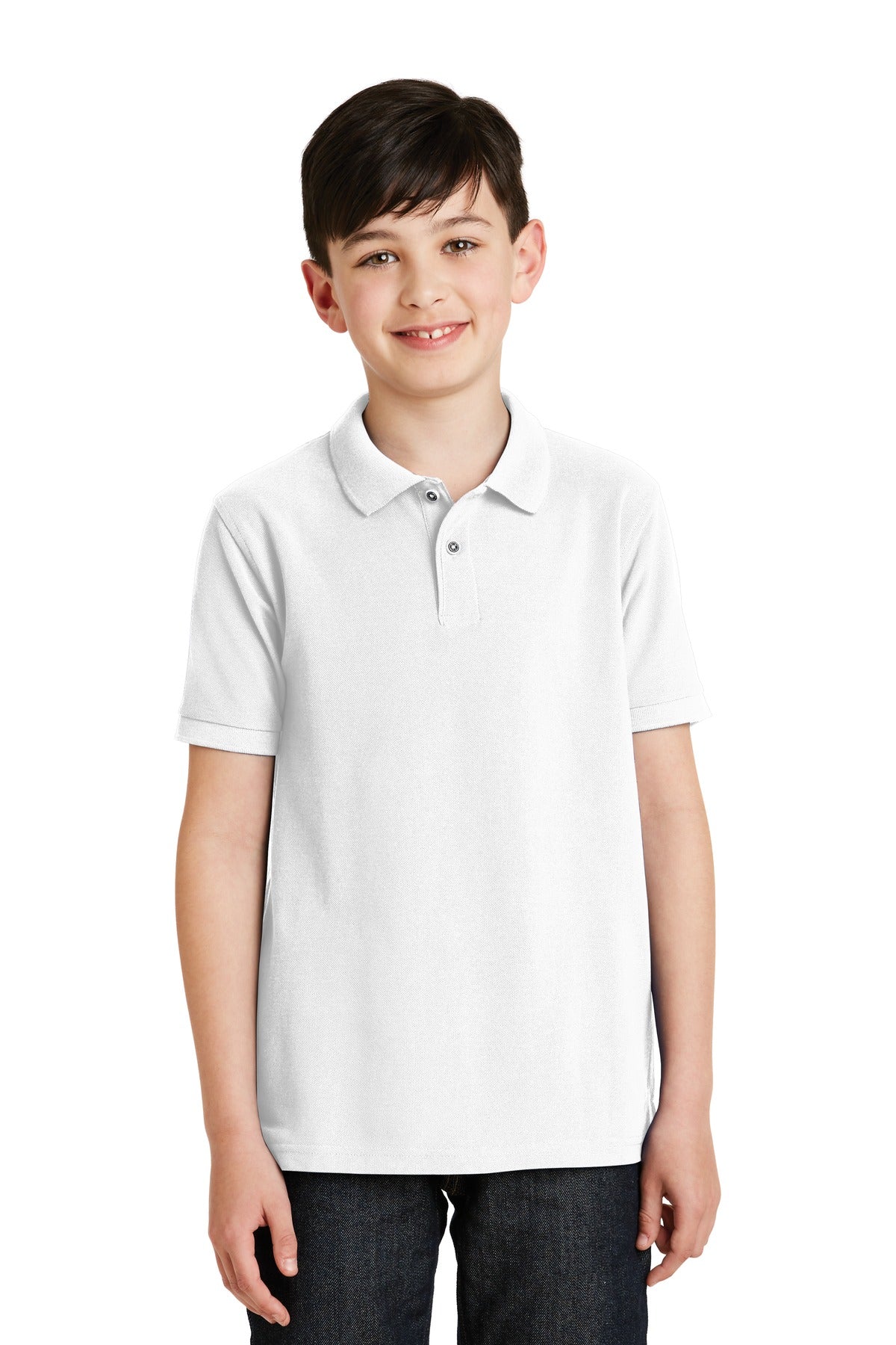 Front View of White Port Authority Youth Silk Touch Polo. Y500
