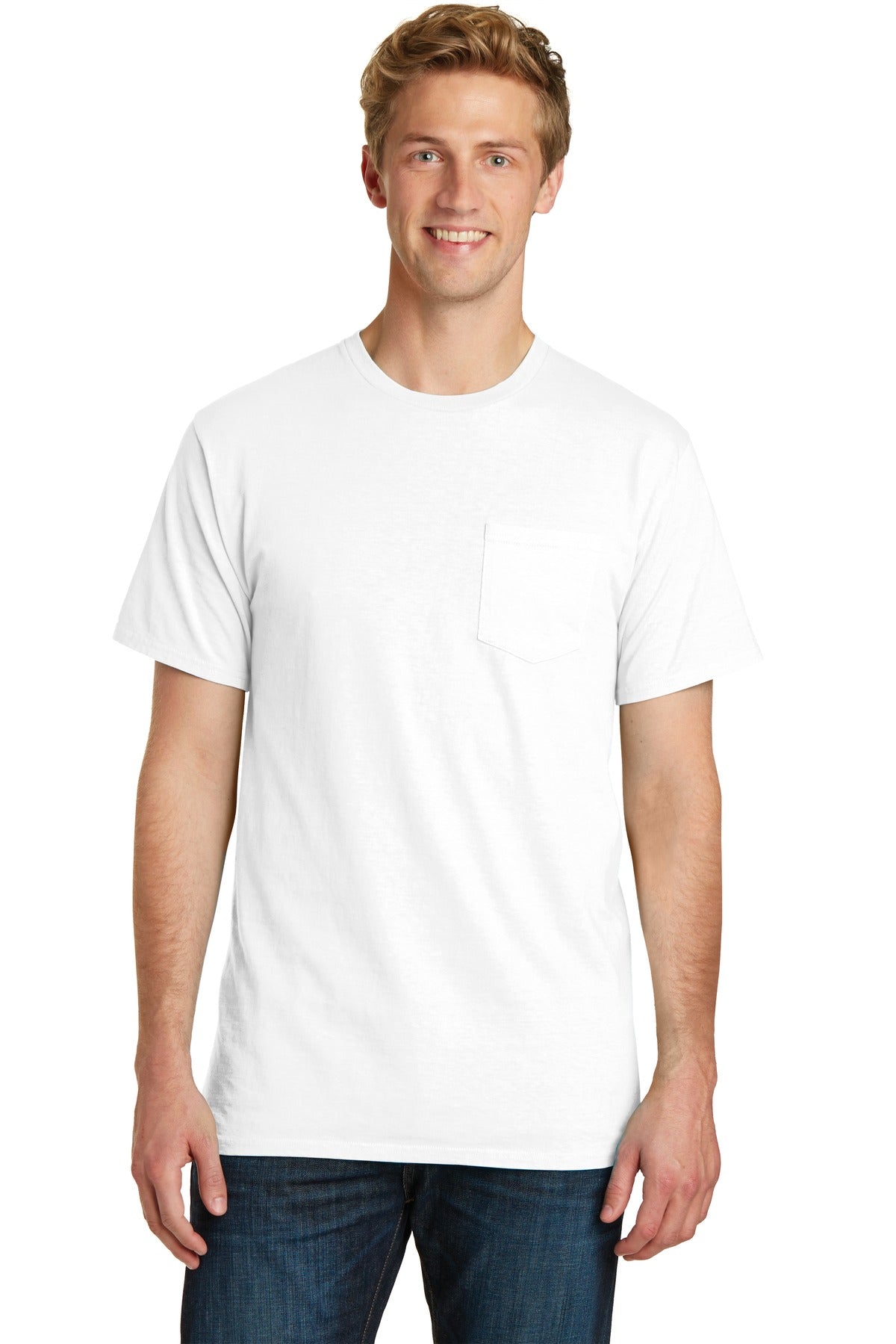 Front View of White Port & Company Beach Wash Garment-Dyed Pocket Tee. PC099P