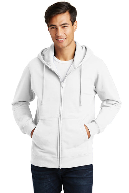 Front View of White Port & Company Fan Favorite Fleece Full-Zip Hooded Sweatshirt. PC850ZH