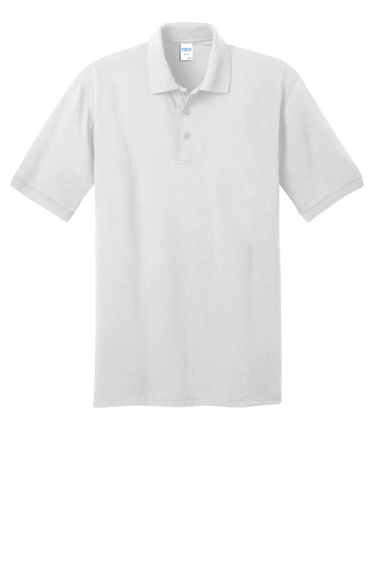 Front View of White Port & Company Tall Core Blend Jersey Knit Polo. KP55T