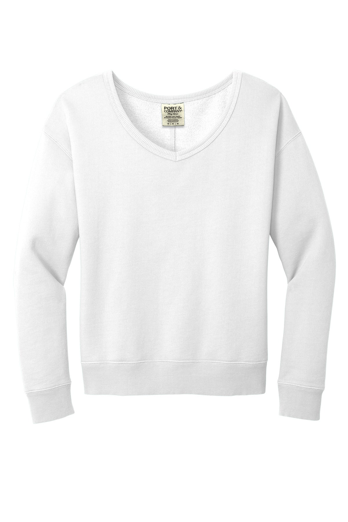 Front View of White Port & Company Women's Beach Wash Garment-Dyed V-Neck Sweatshirt LPC098V