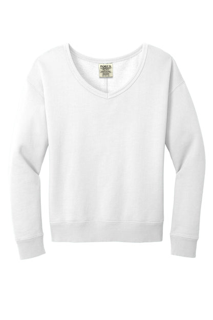 Front View of White Port & Company Women's Beach Wash Garment-Dyed V-Neck Sweatshirt LPC098V