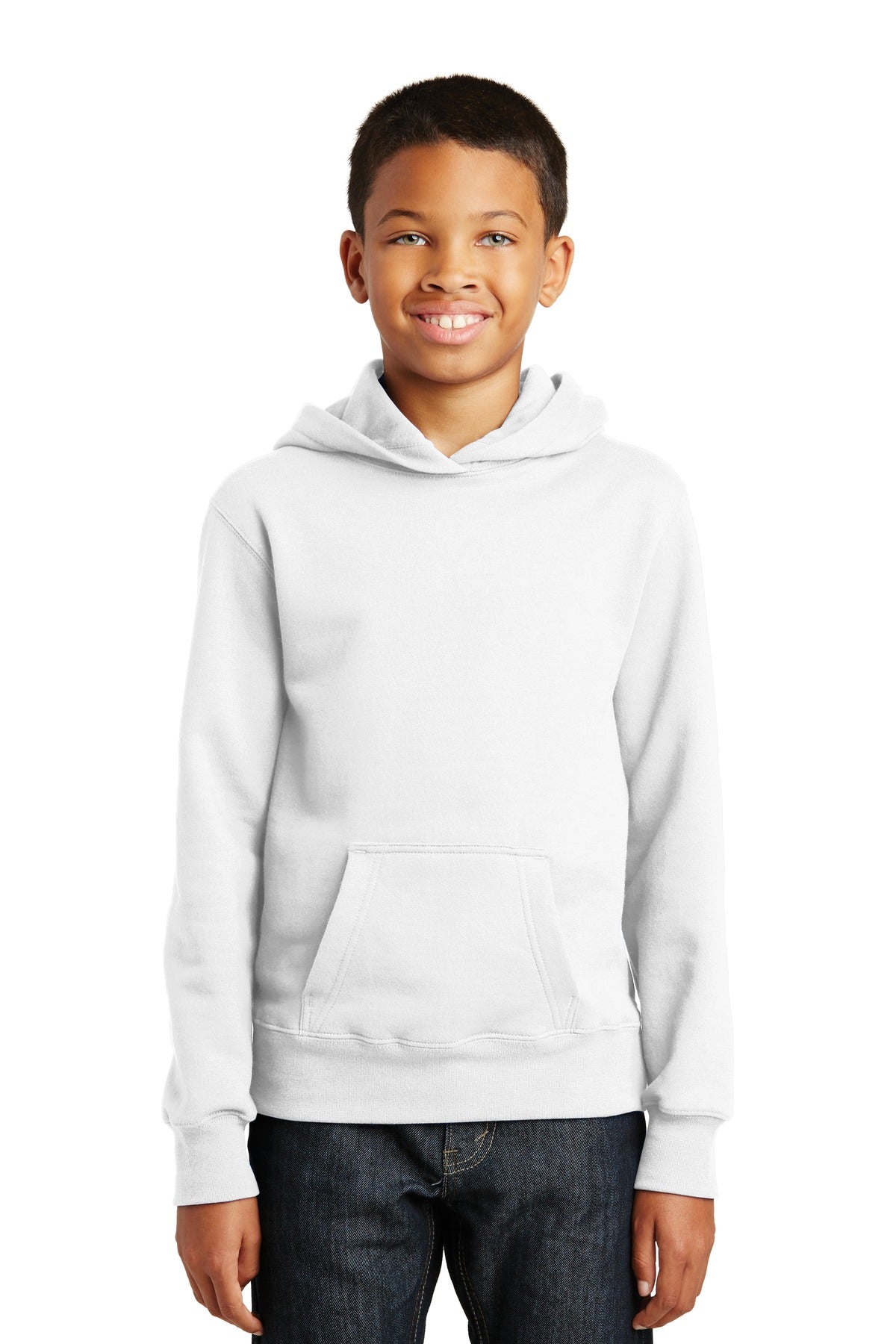 Front View of White Port & Company Youth Fan Favorite Fleece Pullover Hooded Sweatshirt. PC850YH