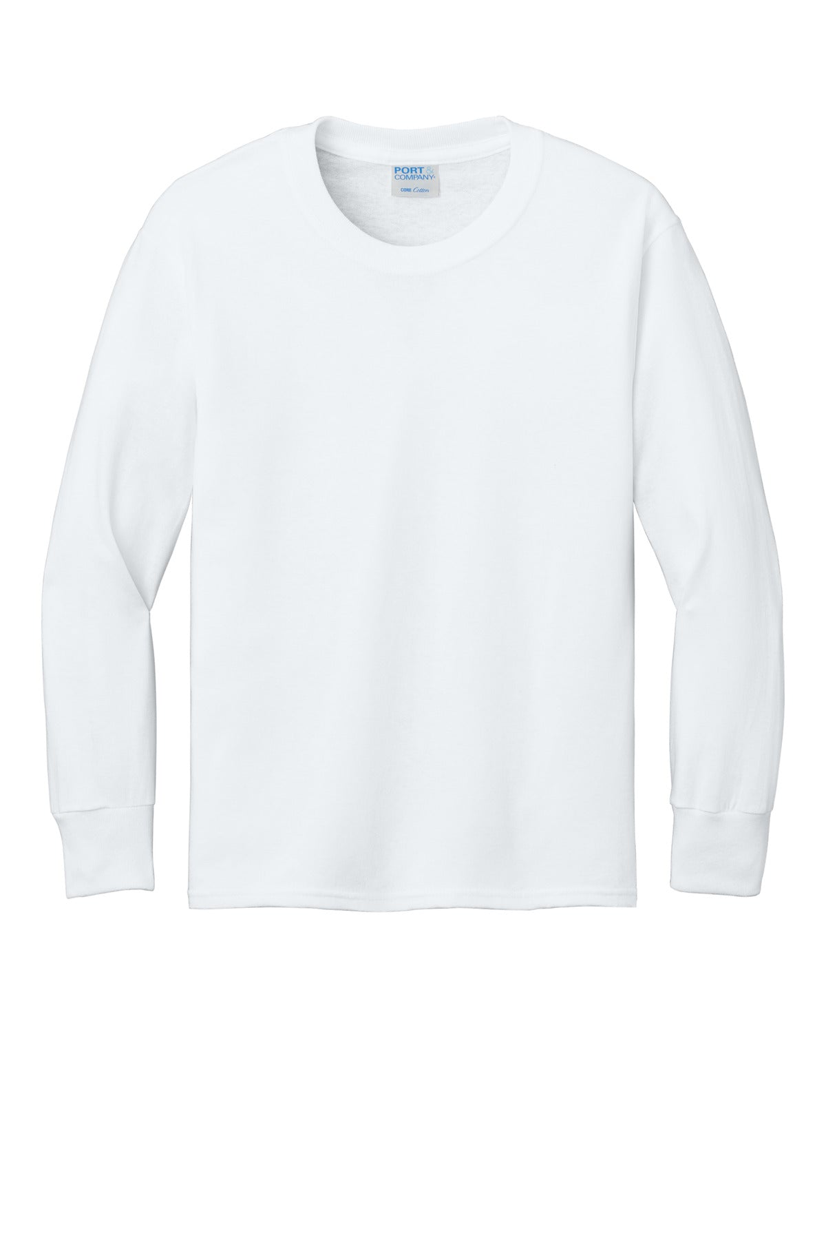 Front View of White Port & Company Youth Long Sleeve Core Cotton Tee. PC54YLS