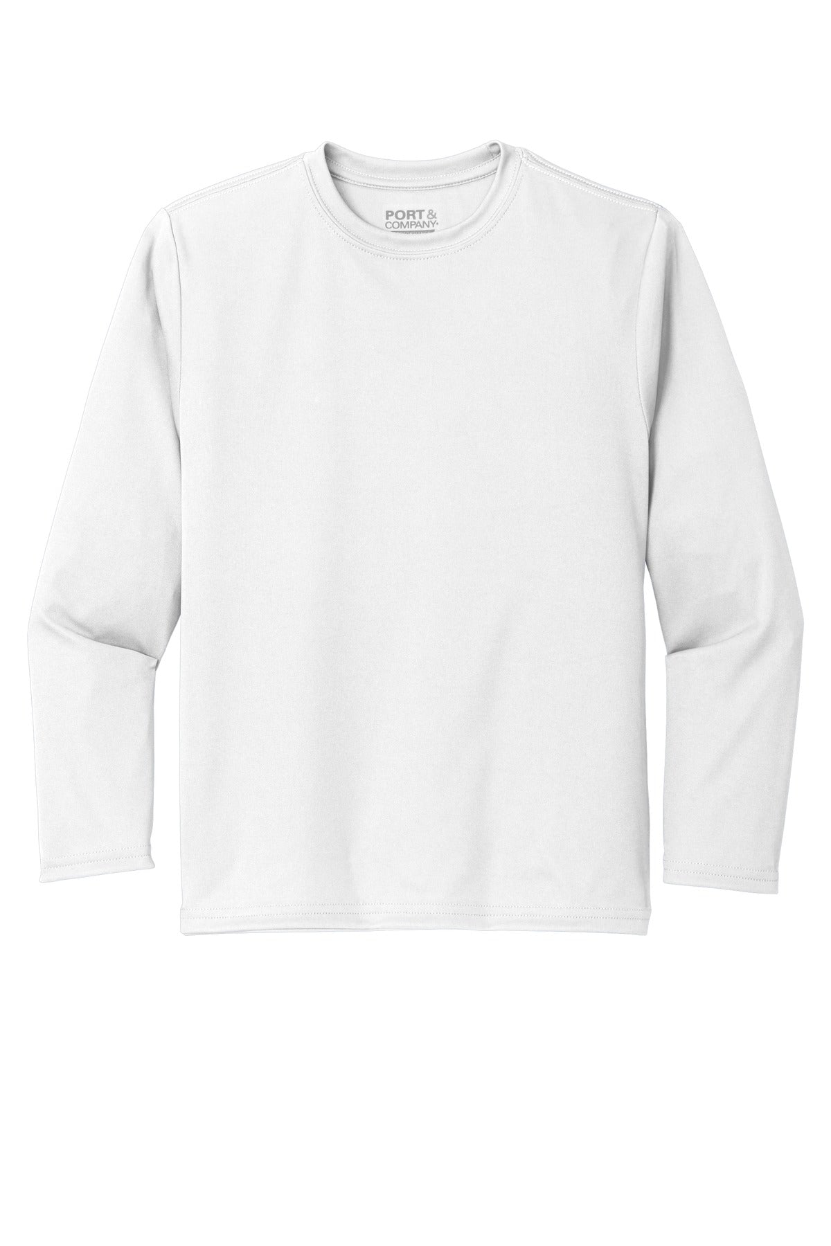 Front View of White Port & Company Youth Long Sleeve Performance Tee PC380YLS