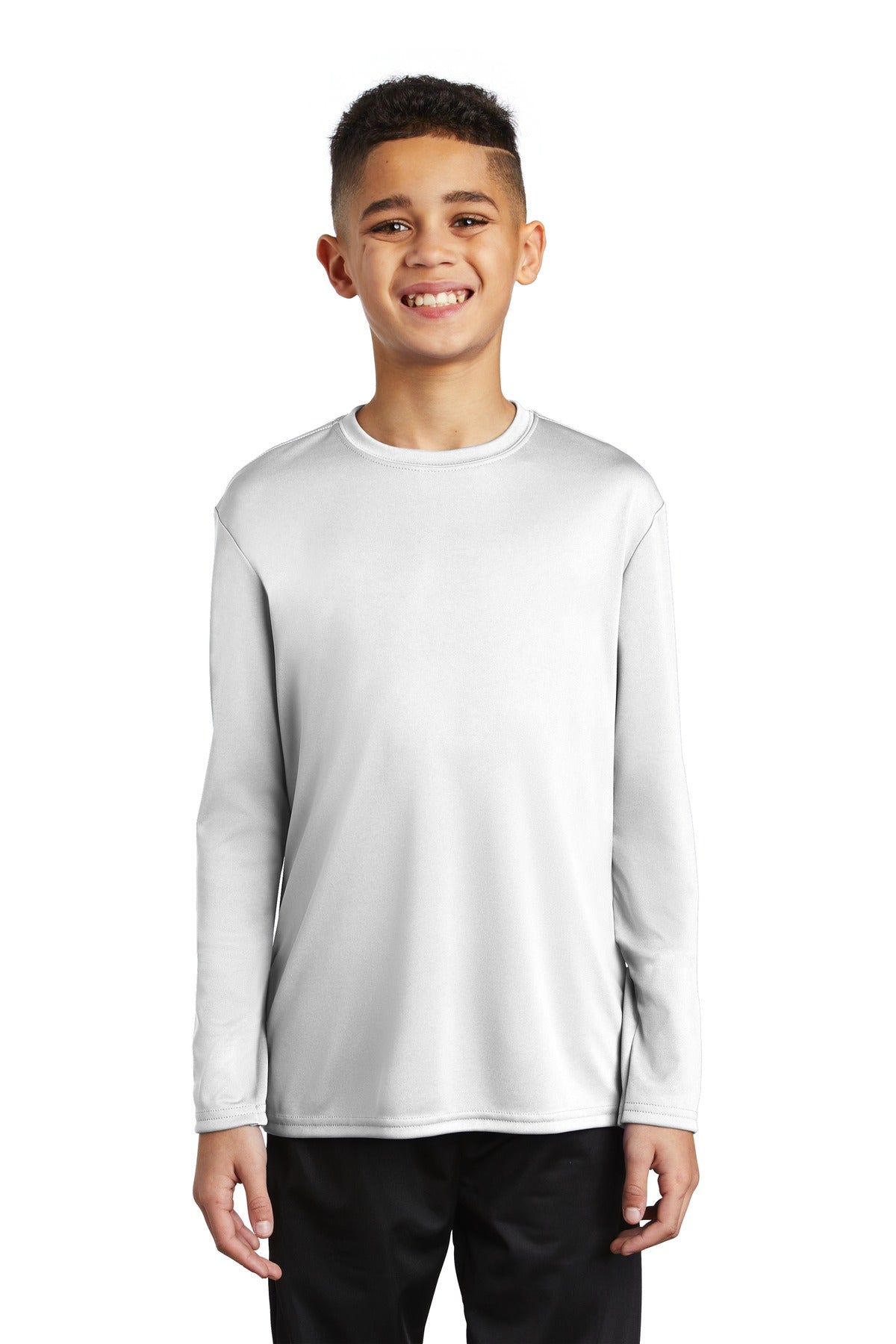Front View of White Port & Company Youth Long Sleeve Performance Tee PC380YLS