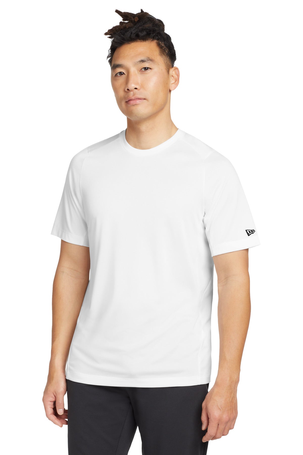 Front View of White Solid New Era Series Performance Crew Tee. NEA200