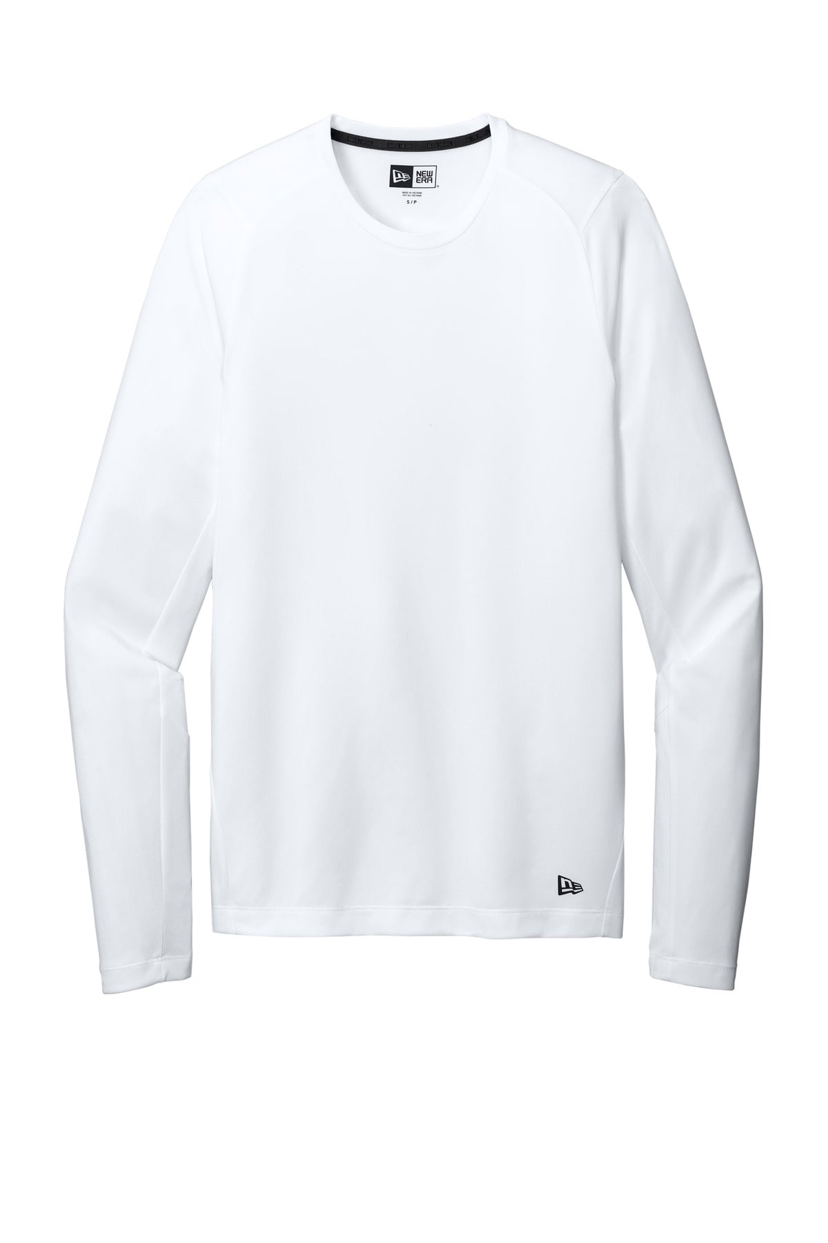 Front View of White Solid New Era Series Performance Long Sleeve Crew Tee. NEA201