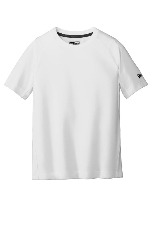 Front View of White Solid New Era Youth Series Performance Crew Tee. YNEA200