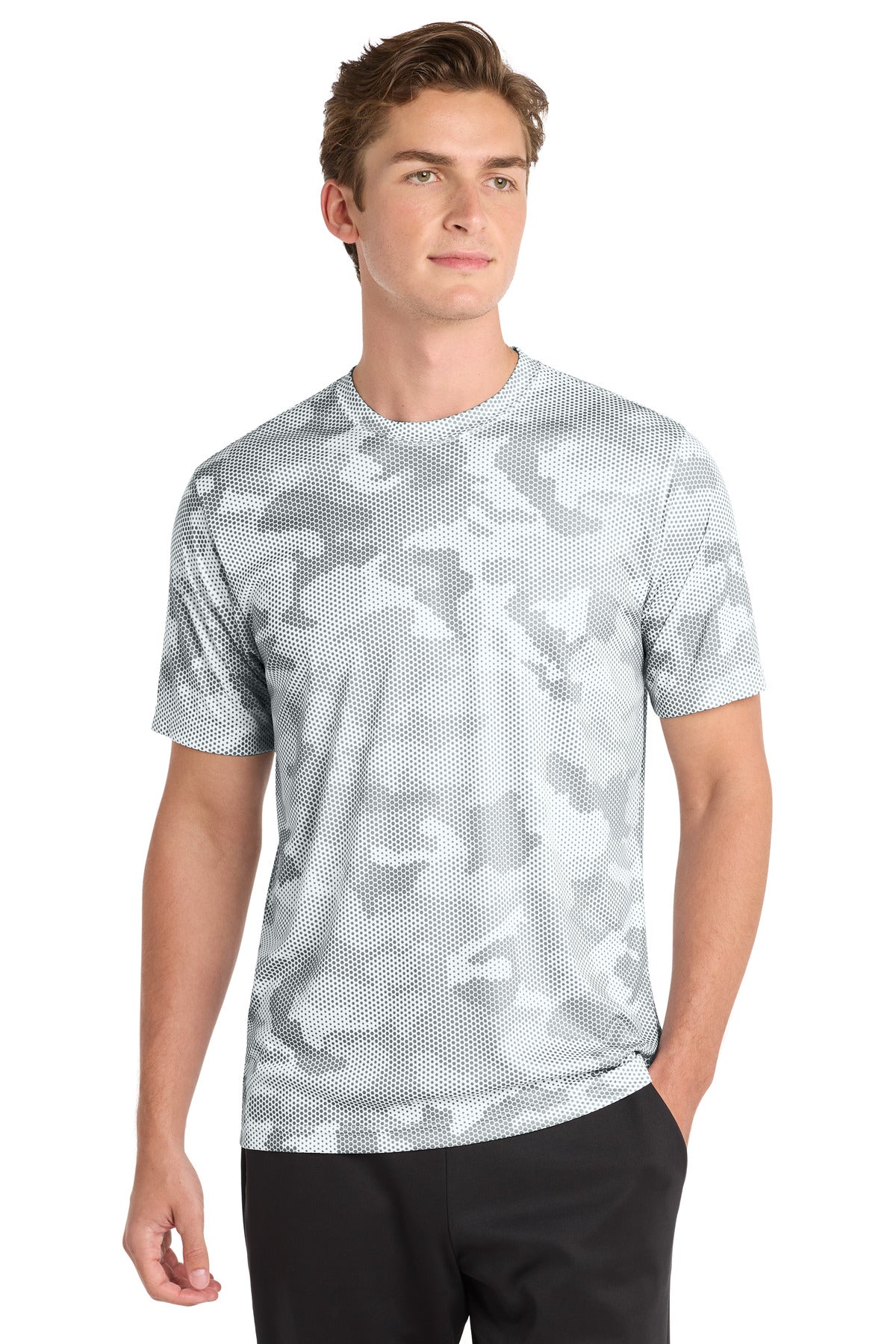 Front View of White Sport-Tek CamoHex Tee. ST370
