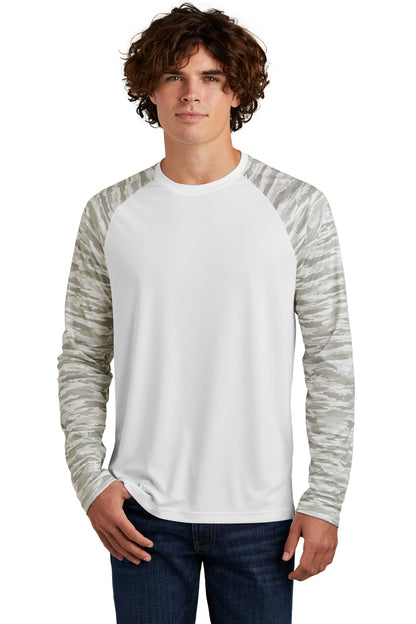 Front View of White Sport-Tek Drift Camo Colorblock Long Sleeve Tee ST376LS